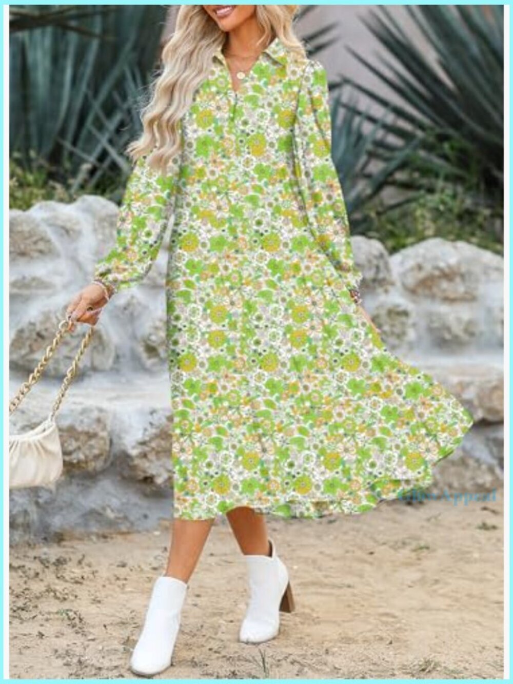 Long Sleeve V-Neck Floral Midi Dress, Bohemian Summer Beach Style - Picture 4 of 7